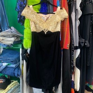 Vintage Scott McClintock Black Velvet & Gold Lace Off Shoulder Cocktail Dress